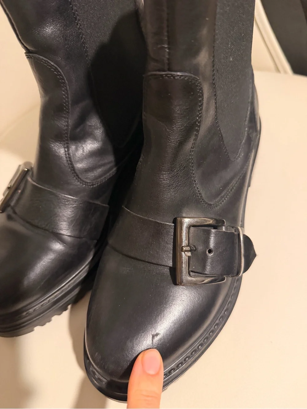 Black Chunky Leather Buckle Boots